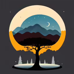 the moon and trees are in front of the mountains
