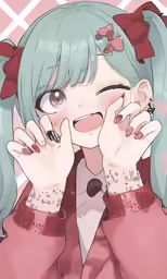 an anime character has green hair and pink eyes