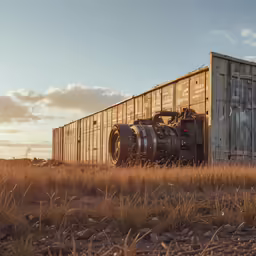 a truck sits on the grass near an abandoned shipping container