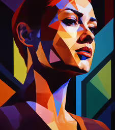 a painting of a woman with a geometric background,a woman wearing black, is depicted in an abstract photo