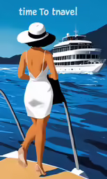an advertisement featuring a woman in a white dress and hat walking on the deck of a boat