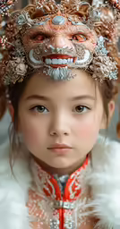 a woman with an elaborate, lion face headdress