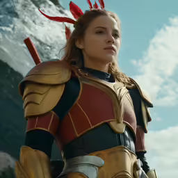 the woman is in armor standing near some mountains