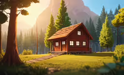 a tiny log cabin nestled in a clearing of trees,a small wooden cabin with steps up to it