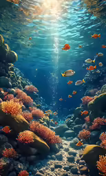 an underwater scene with many fish swimming through water