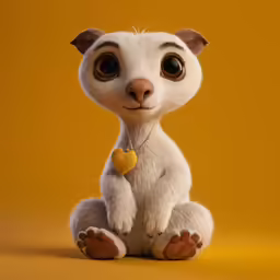 an animated animal with big brown eyes sits on a yellow background