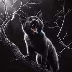 a black cat that has its mouth open and is sitting on a branch