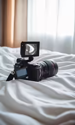 a camera sitting on top of a bed with a white comforter