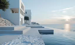a row of buildings sit at the edge of an empty pool