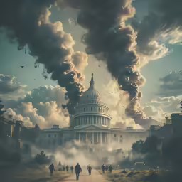people walk away from the capital building that is pouring steam into the sky