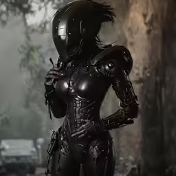 a robot woman stands in front of a forest