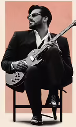 a man is sitting with a guitar and playing it