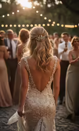 the back of a brides dress, with a view of a crowd behind it