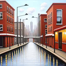 a large painting with red buildings and a blue body of water