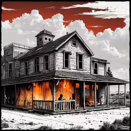 a painting of an old house in a rural setting,a drawing of an old western town with people outside