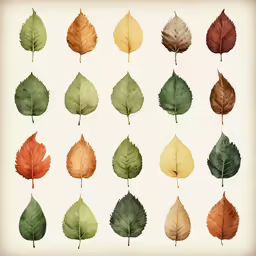a bunch of different colored leaves with a white background