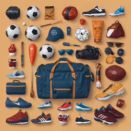 different types of sports equipment arranged around a bag,the illustration shows several sports gear, such as shoes and gloves