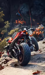 a motorcycle parked on the beach next to a tree