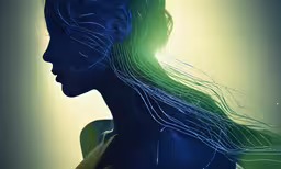 a woman with green and blue lines in her hair,a digital art photo of the back face of a woman with lines all over her body