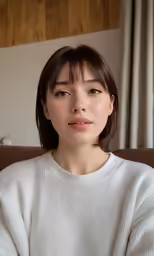 an asian girl wearing a white sweater is looking at the camera