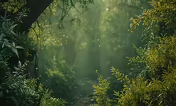 the sunlight beams through the trees onto the path