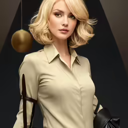 a woman in an elegant shirt, black gloves, and a black leather purse