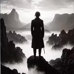 a person standing on rocks with mountains in the background