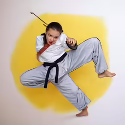 a young girl poses in a karate outfit