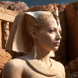 a woman with blonde hair wearing an egyptian hat and dress