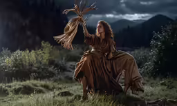 a woman sitting in the grass, holding a broom
