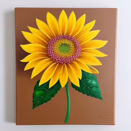 the painting is a sunflower on the wall,a painting of a yellow flower on the wall