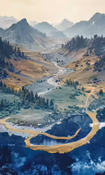 an aerial view of a small river, mountains and grass