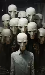 there is a person standing with some mannequin heads on his head