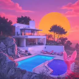 a swimming pool in front of a modern house