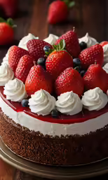 a cake with fruit on top sitting on top of a wooden table