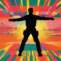 a man with his arms wide out stands on a colorful background,silhouette of man holding arms out as colored art