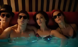 four people laying in an outdoor swimming pool