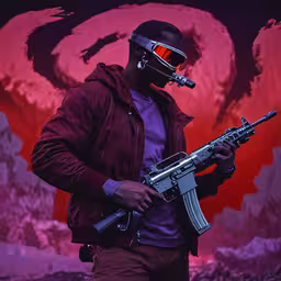 a man with red tinted sunglasses and a gun in his hands,a man in a futuristic gear holding a machine gun