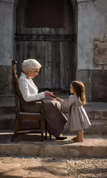 the old lady is playing with the small child