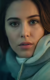a woman is sitting with a white scarf around her neck