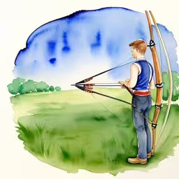 a man holding onto his archer with a bow,a drawing of a young boy preparing to shoot an arrow