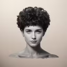 a woman with curls in her hair and blue eyes