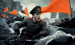 a soldier is driving through a field full of orange flags