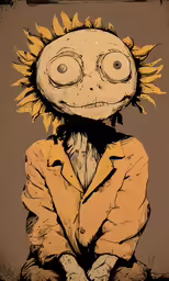 a drawing of a little boy with large sunflowers on his head