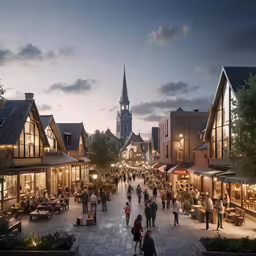 a street filled with people walking around and a church in the background