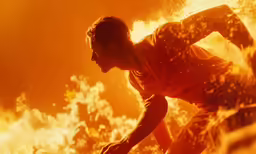 a man playing soccer in front of a fire and water background
