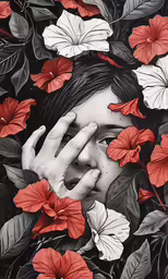 a drawing of a person surrounded by red and white flowers