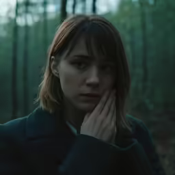 a woman in a dark forest poses for the camera