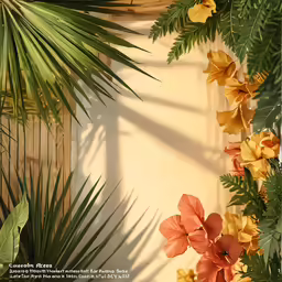 a palm tree with colorful flowers on a tan wall
