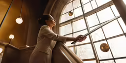 a woman dressed in a beige coat holds a large glass window, with light shining through it